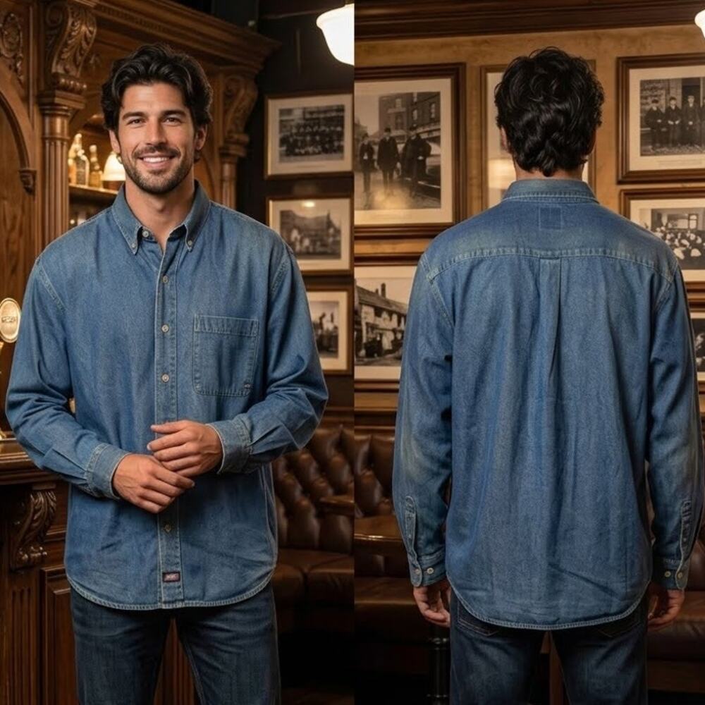 Dickies Blue Denim Long Sleeve Western Workwear Shirt Men's XL 46-48